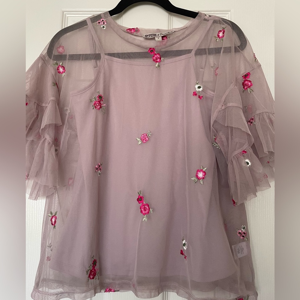 Gypsies & Moondust Dusty Pink Sheer Floral Embroidered Ruffle‎ Sleeve Top
